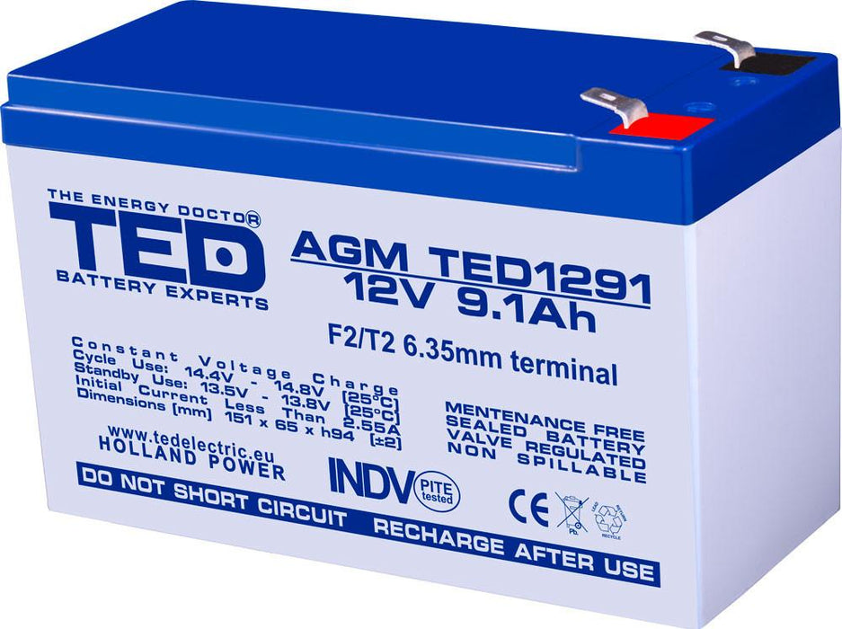 Lead-acid battery TED ELECTRIC, AGM, 12V, 9Ah, 151/ 65/ 94 mm, Terminal2