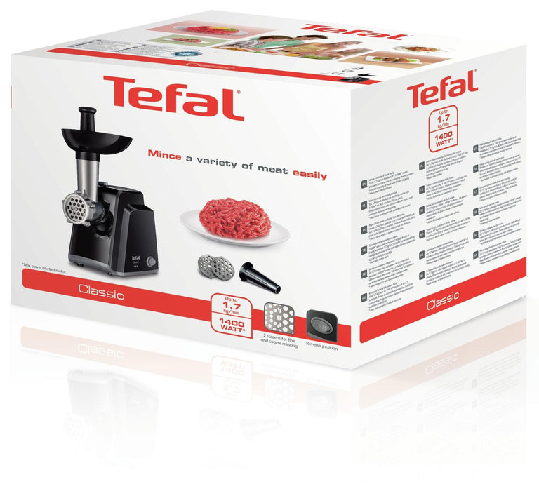 Tefal NE105838, Meat grinder, 1400W, Capacity 1.7 kg/min, Reverse function, Chopping knife, 2 sausage accessories, Black