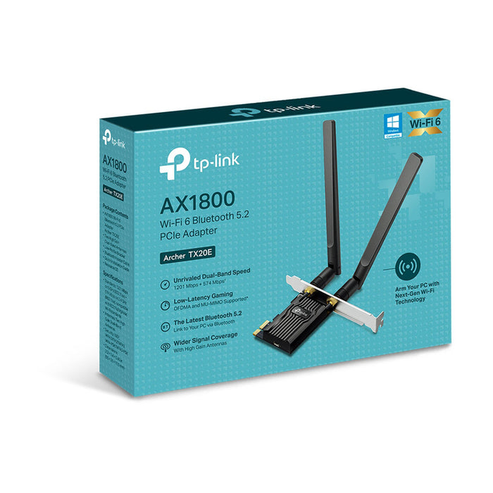 Wireless adapter TP-LINK Archer TX20E, PCIe, 1800Mbps, Wireless AX, 2.4GHz /5GHz, BT 5.2, 2x external antennas