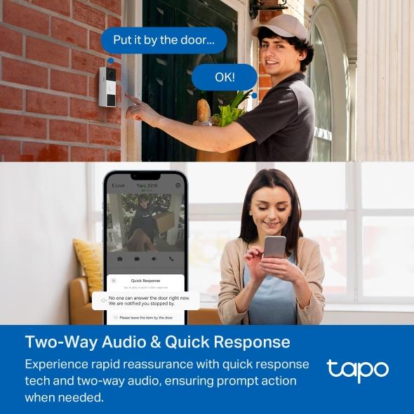 TP LINK smart video doorbell Tapo D210, 2K QHD (2560×1440), 160° viewing angle, microSD up to 512 GB, 2.4Ghz, AI-recognition