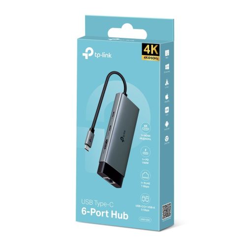 TP-Link Adapter HUB 6-in-1 UH6120C Type-C to 2xType-C, 3xUSB 3.0, HDMI 4K 60Hz, RJ45, 1000Mbps Black EU