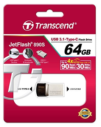 Transcend 64GB JETFLASH 890S, USB 3.1 Type C, Silver Plating