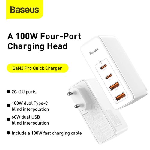 Travel Charger Baseus GaN2 Pro Quick 2x USB + 2x USB-C 100W EU (white) - Travel
