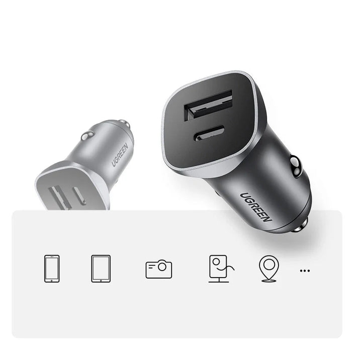 Ugreen Car Charger USB Type C / USB 24W Power Delivery Quick Charge Gray (30780) - Cell phone USB charger<<<HurtelXML