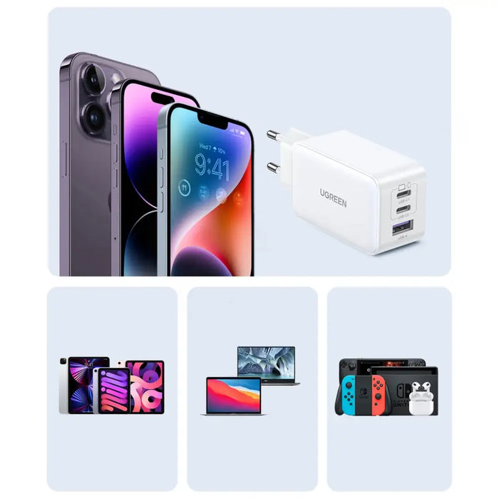 Ugreen CD244 65W USB-A / 2x USB-C GaN fast charger - white - Cell phone USB charger<<<HurtelXML&&&Зарядни
