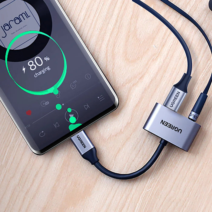 Ugreen CM193 50596 audio adapter two-port USB-C (male) - mini jack 3.5mm / USB-C (female) - gray - USB