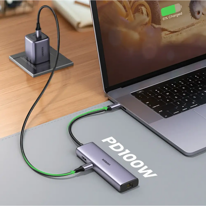 Ugreen CM512 90568 USB-C Adapter - 2x USB-A 3.0 / HDMI / RJ45 / SD and TF Card Reader / USB-C PD 100W - Gray - USB