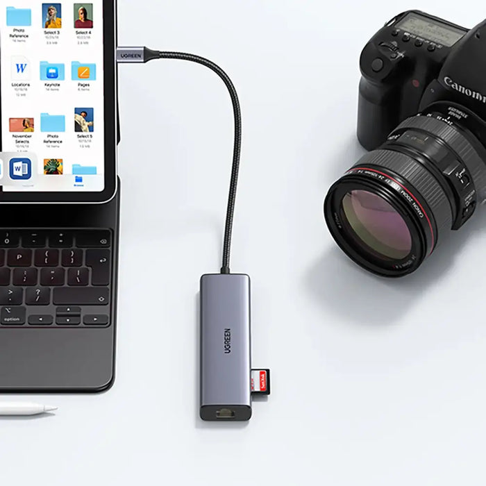Ugreen CM512 90568 USB-C Adapter - 2x USB-A 3.0 / HDMI / RJ45 / SD and TF Card Reader / USB-C PD 100W - Gray - USB