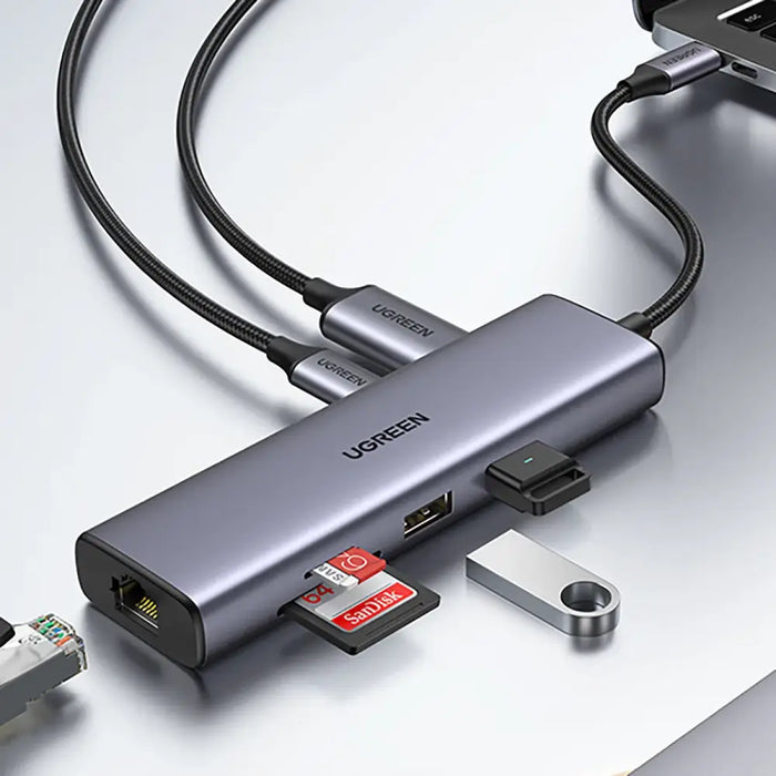 Ugreen CM512 90568 USB-C Adapter - 2x USB-A 3.0 / HDMI / RJ45 / SD and TF Card Reader / USB-C PD 100W - Gray - USB
