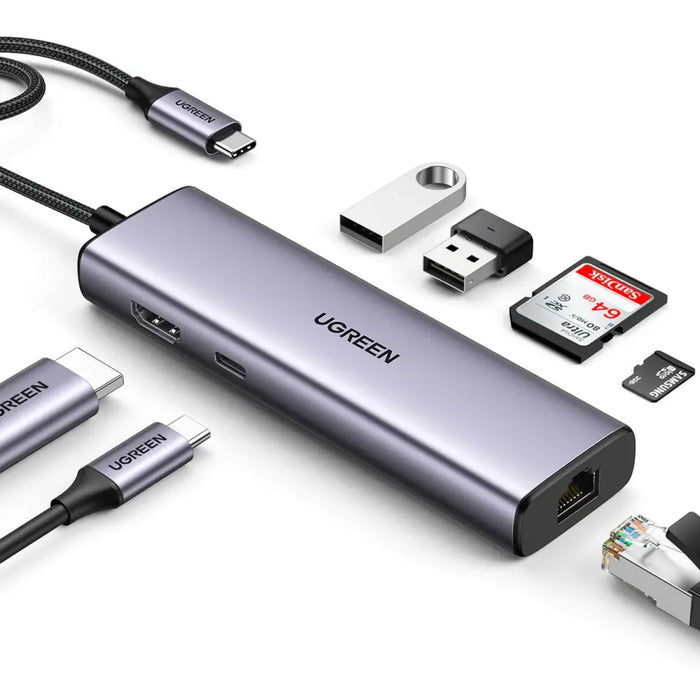 Ugreen CM512 90568 USB-C Adapter - 2x USB-A 3.0 / HDMI / RJ45 / SD and TF Card Reader / USB-C PD 100W - Gray - USB