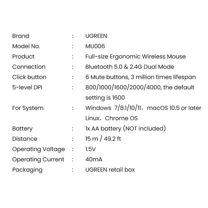 Ugreen MU006 wireless optical mouse USB 2.4GHz / Bluetooth 5.0 4000 DPI - black - Other office accessories<<<HurtelXML