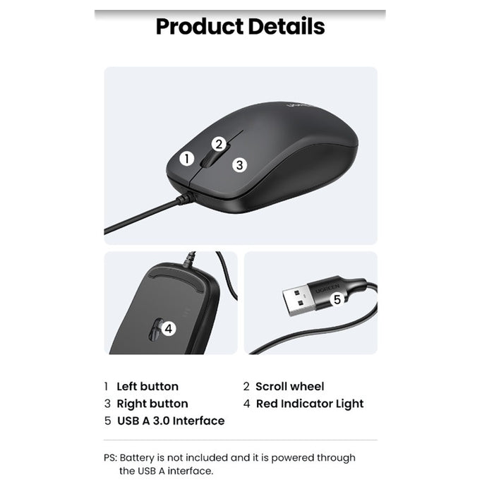 COMPUTER MOUSE WITH CABLE LENGTH 1.5m MU007 UGREEN - BLACK