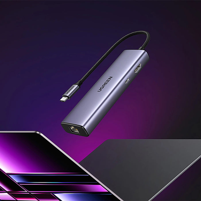 HUB Ugreen CM512 15598 6in1 USB-C - 3x USB-A 3.0 / HDMI / RJ45 / USB-C PD - gray