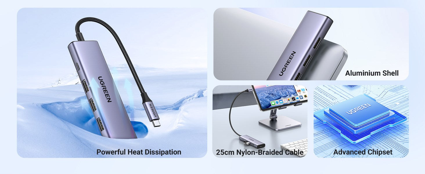 Multifunctional HUB 5in1 USB-C - HDMI 1.4 / 3 x USB-A / USB-C PD 100W Ugreen CM511 - gray