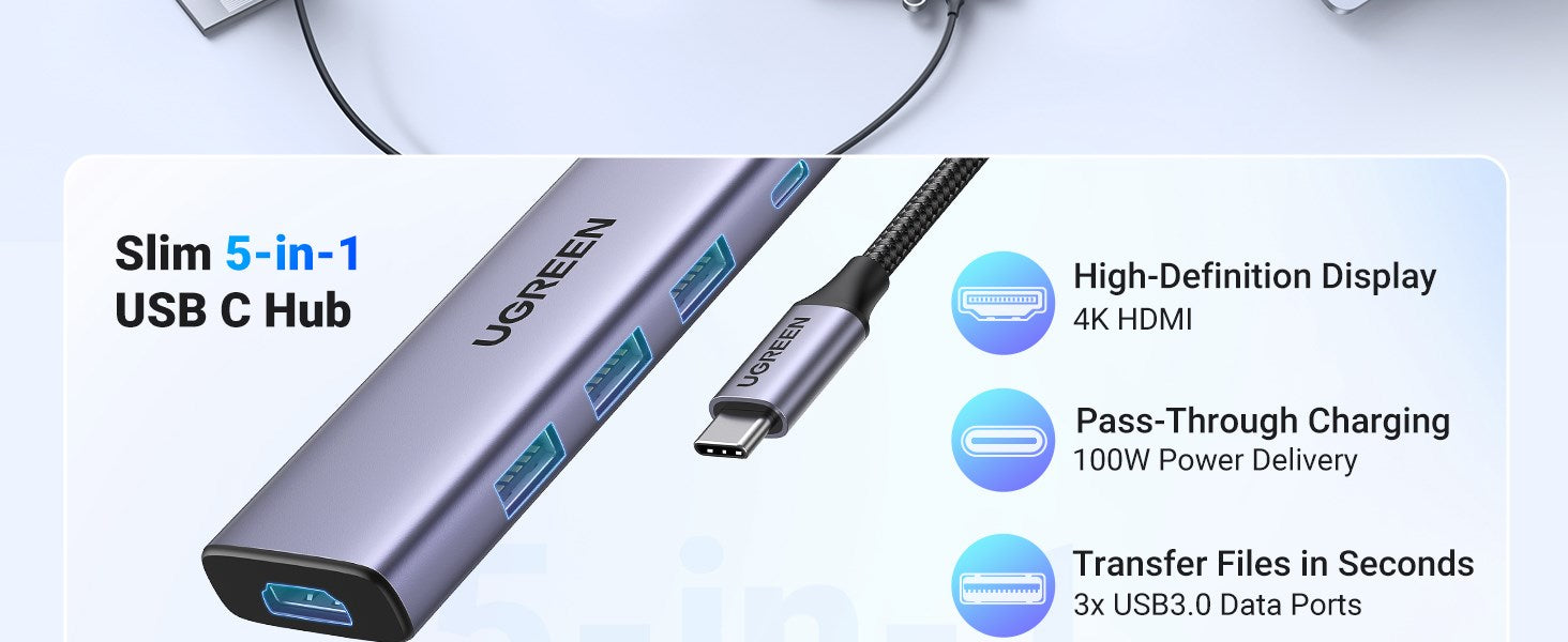 Multifunctional HUB 5in1 USB-C - HDMI 1.4 / 3 x USB-A / USB-C PD 100W Ugreen CM511 - gray