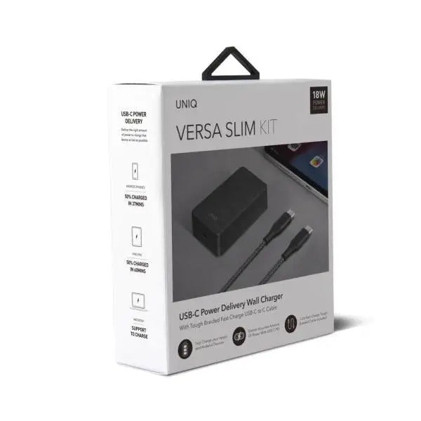 Uniq Versa Slim LITHOS Collective USB-C PD 18W wall charger + USB-C / USB-C cable - black - Cell phone USB