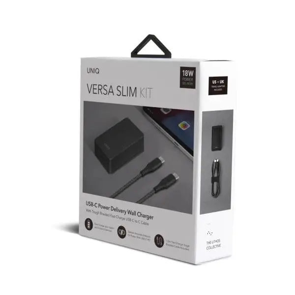 Uniq Versa Slim LITHOS Collective USB-C PD 18W wall charger + USB-C / USB-C cable - black - Cell phone USB