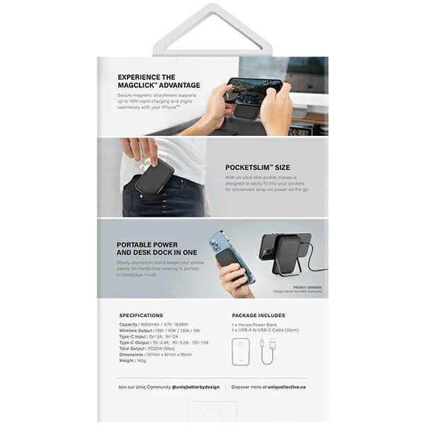 Powerbank Uniq Hoveo magnetic 5000mAh USB-C 20W PD - gray