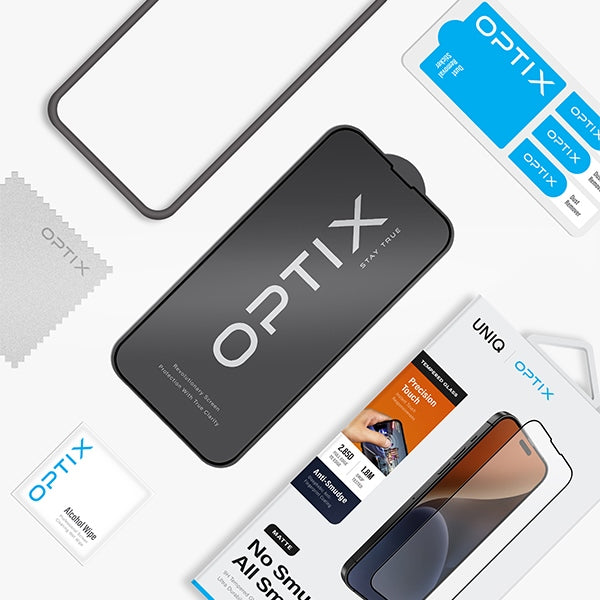 Uniq Optix Matte frosted tempered glass for iPhone 15 / 14 Pro with applicator