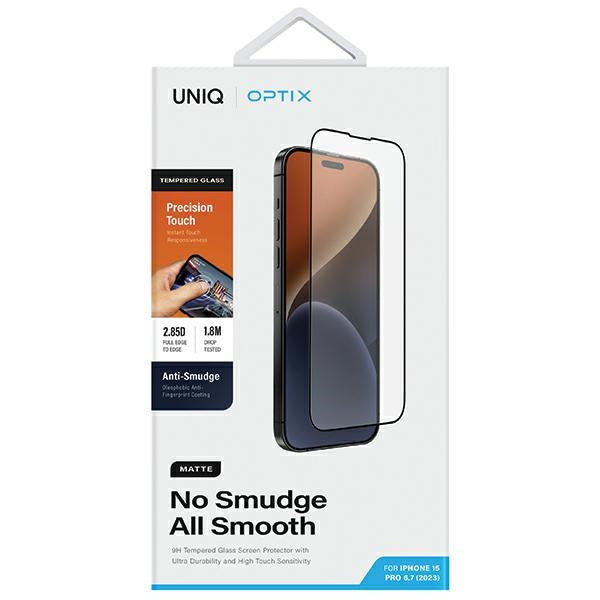 Uniq Optix Matte frosted tempered glass for iPhone 15 Pro Max with applicator
