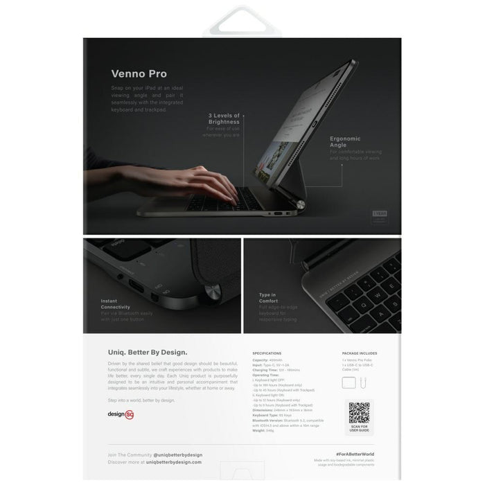 Uniq Venno Pro Magnetic Smart Case with Keyboard for iPad 11" A16 (2025) / iPad 10.9" (2022) - Black