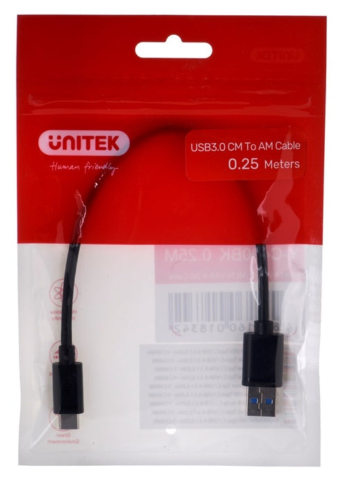 UNITEK CABLE USB-C - USB-A 3.1,M/M,0.25M, Y-C490BK