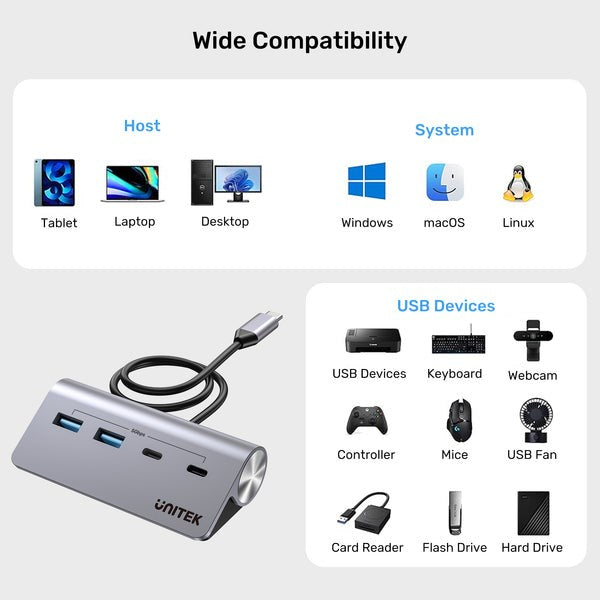 UNITEK ALUMINIUM USB-C HUB 2X USB-A 2X USB-C 5GBPS