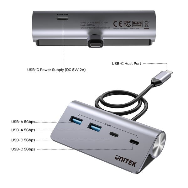 UNITEK H1337AGY01 interface hub USB 3.2 Gen 1 (3.1 Gen 1) Type-C 5000 Mbit/s Grey