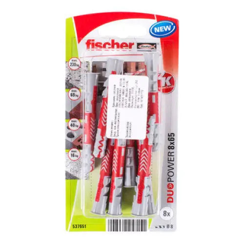UNIVERSAL DOWEL F8X65MM 8 PIECES FISCHER DUOPOWER K NV - Комплекти дюбели<<<Дюбели<<<Инструменти и