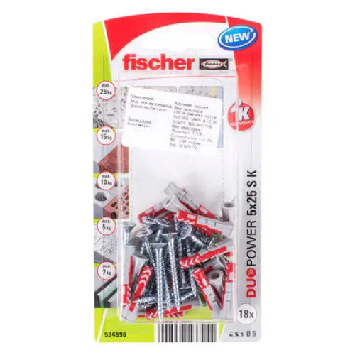 UNIVERSAL DOWEL WITH SCREW F5X25MM 18 PCS FISCHER DUOPOWER - Комплекти дюбели<<<Дюбели<<<Инструменти и