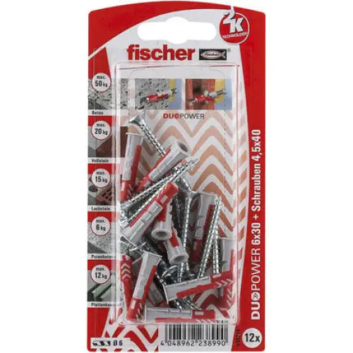 UNIVERSAL DOWEL WITH SCREW F6X30MM 12 PCS FISCHER DUOPOWER SK NV - Комплекти дюбели и винтове<<<Дюбели<<<Инструменти и