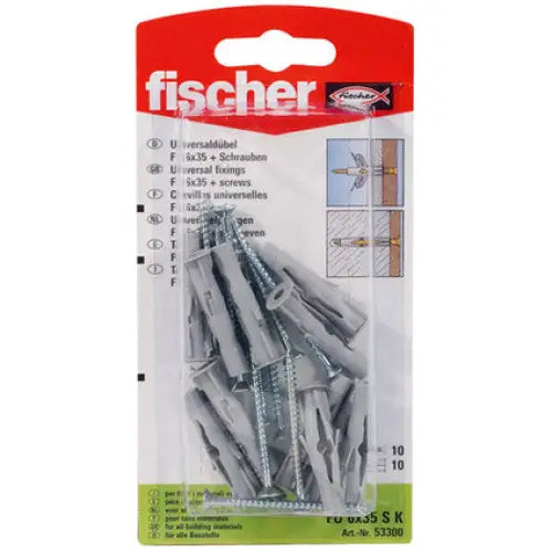 UNIVERSAL DOWEL WITH SCREW F6X35MM 10 PCS FISCHER FU SK - Комплекти дюбели и винтове<<<Дюбели<<<Инструменти и