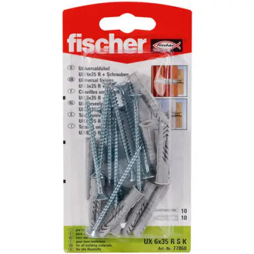 UNIVERSAL DOWEL WITH SCREW F6X35MM 10 PCS FISCHER UX RSK - Комплекти дюбели и винтове<<<Дюбели<<<Инструменти и