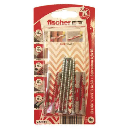 UNIVERSAL DOWEL WITH SCREW F6X50MM 4 PCS FISCHER DUOPOWER SK NV - Комплекти дюбели и винтове<<<Дюбели<<<Инструменти и