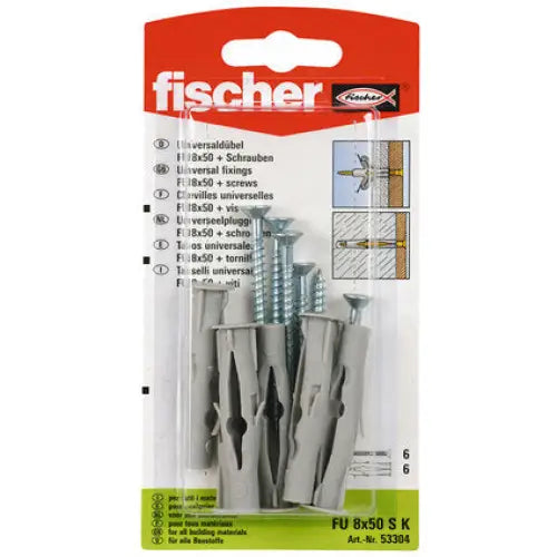 UNIVERSAL DOWEL WITH SCREW Ф8Х50MM 6 PCS FISCHER FU SK - Комплекти дюбели и винтове<<<Дюбели<<<Инструменти и
