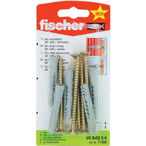 UNIVERSAL DOWEL WITH SCREW F8X50MM 5 PCS FISCHER UX SK - Комплекти дюбели и винтове<<<Дюбели<<<Инструменти и