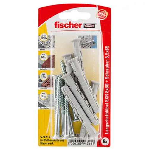 UNIVERSAL DOWEL WITH SCREW F8X60MM 6 PCS FISCHER SXS SK - Комплекти дюбели и винтове<<<Дюбели<<<Инструменти и