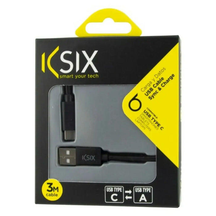 USB-C Cable to USB KSIX 3 m Black - Електроника Телефони и таблети<<<Компютри| Електроника<<<BigBuy&&&USB зарядни и