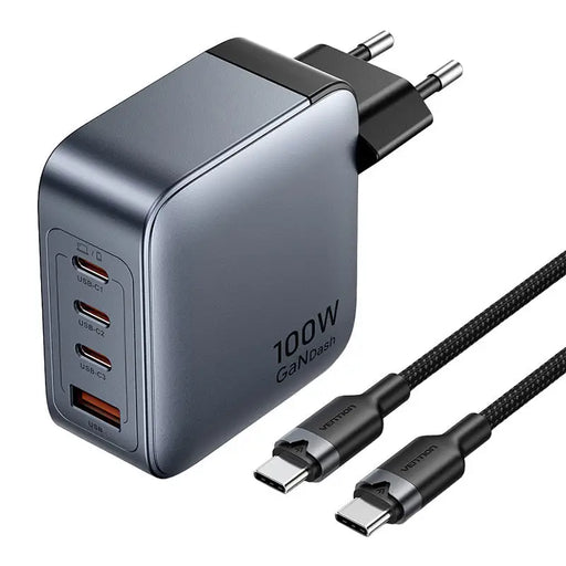 Vention power charger 3x USB-C 1x USB-A (100W/100W/30W/30W) (grey) with USB-C to USB-C cable (1m) (black) - mains