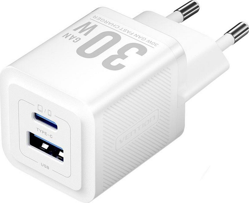Wall charger, Vention, FEQW0-EU,  USB-C + USB- A,  30W/30W , GaN (white)