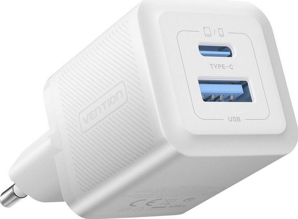 Wall charger, Vention, FEQW0-EU,  USB-C + USB- A,  30W/30W , GaN (white)