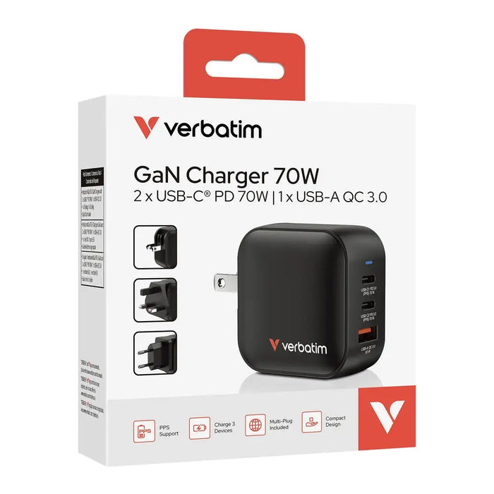 Verbatim Mini GaN Charger 70W 3 Port US plug with EU and UK adaptors - Аксесоари<<<VERBATIM памети и
