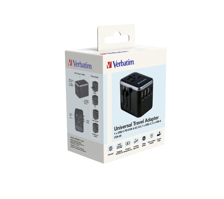 Verbatim UTA-04 Universal Travel Adapter with 1 x USB-C PD 61W & QC 3.0 / 1 x USB-C / 3 x USB-A - Аксесоари<<<VERBATIM