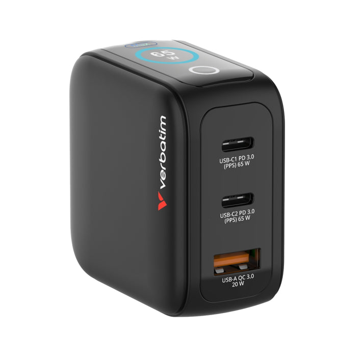 Verbatim Mini GaN Charger 65W with Display + 60W USB-C to USB-C Cable (Charger and Data transfer) Grey