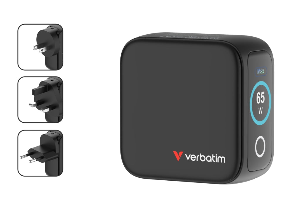 Verbatim Mini GaN Charger 65W with Display + 60W USB-C to USB-C Cable (Charger and Data transfer) Grey