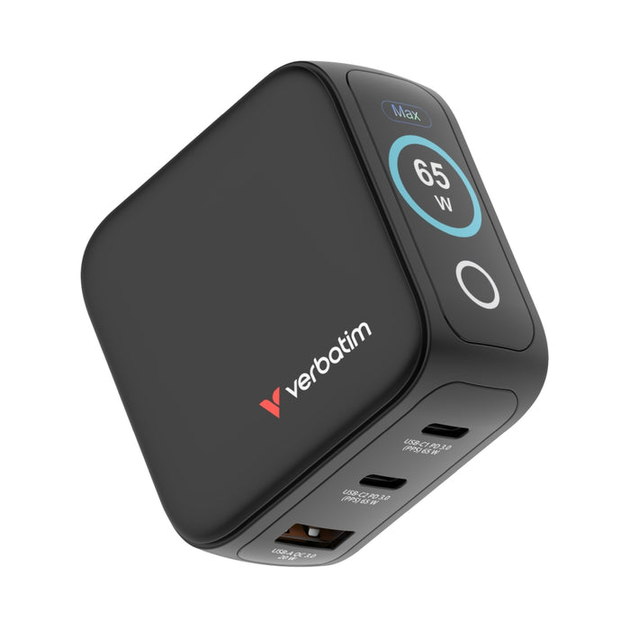 Verbatim Mini GaN Charger 65W with Display + 60W USB-C to USB-C Cable (Charger and Data transfer) Grey