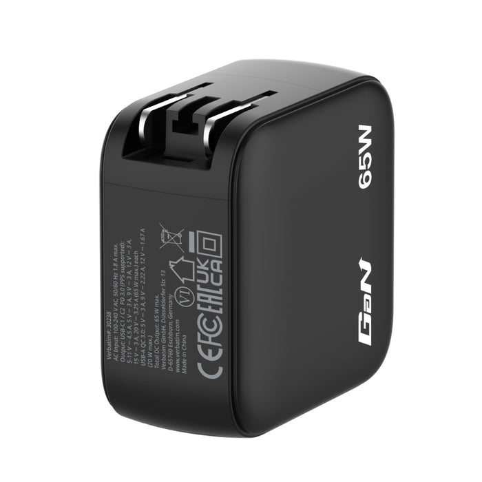 Verbatim Mini GaN Charger 65W with Display + 60W USB-C to USB-C Cable (Charger and Data transfer) Grey