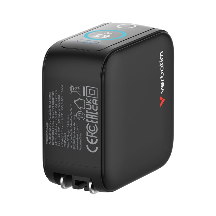 Verbatim Mini GaN Charger 65W with Display + 60W USB-C to USB-C Cable (Charger and Data transfer) Grey