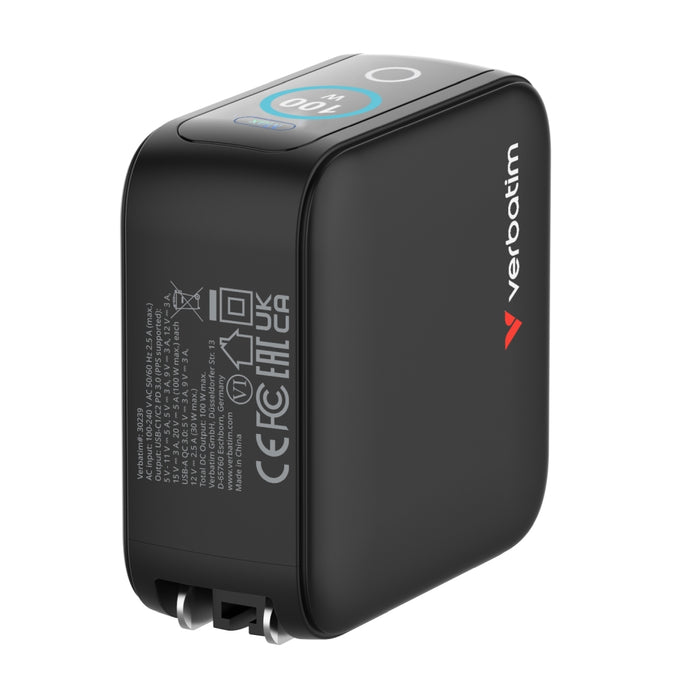 Verbatim Mini GaN Charger 100W with Display + 100W USB-C to USB-C Cable (Charger and Data transfer) Grey