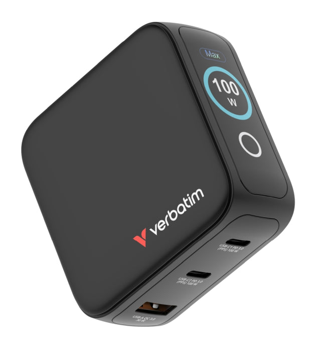 Verbatim Mini GaN Charger 100W with Display + 100W USB-C to USB-C Cable (Charger and Data transfer) Grey